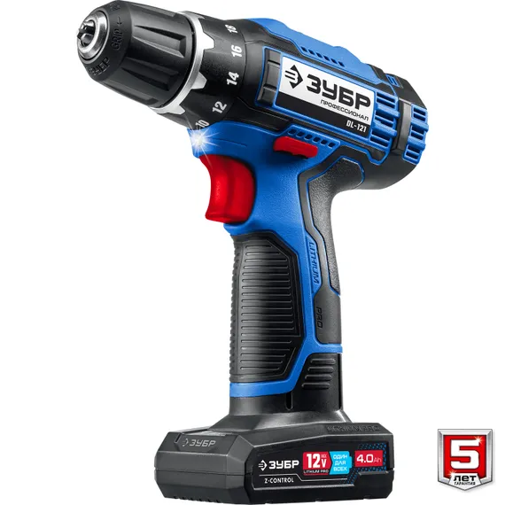 Дрель-шуруповерт, ЗУБР 12 В, 40 Н·м, 2 АКБ тип Т7 (4 А·ч), сумка, Профессионал (DL-121-42)