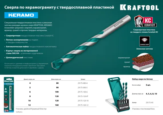 KRAFTOOL Keramo, 6 х 100 мм, тв.сплав КС, сверло по керамограниту (29175-100-6)