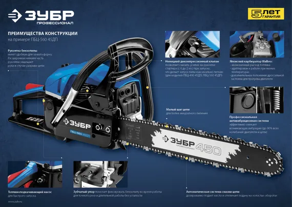 Бензопила цепная бензиновая, ЗУБР 49 см3, 45 см, Профессионал (ПБЦ-490 45ДП)