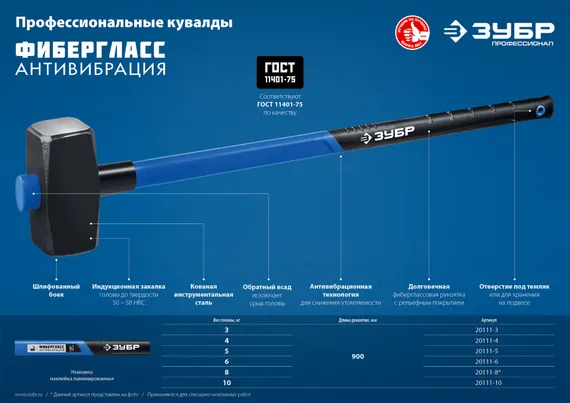 ЗУБР 6 кг, кувалда с удлинённой рукояткой, Профессионал (20111-6)