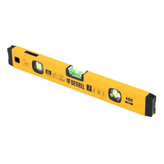 Уровень алюминиевый, магнит., фрезерованный, 3 глазка (1 зеркал.) 0,5 мм/м, 400 мм Denzel