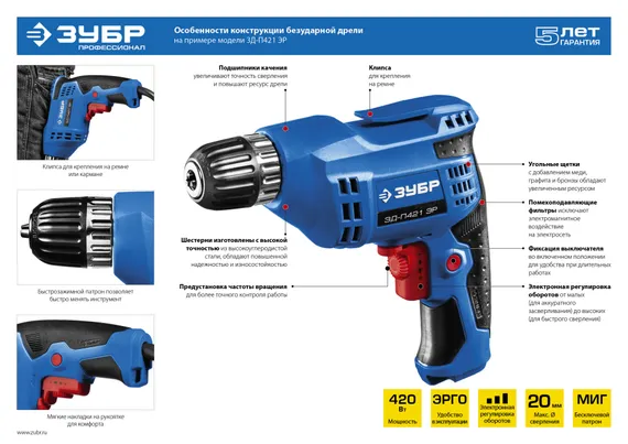 Безударная дрель, ЗУБР 420 Вт, 10 мм БЗП, Профессионал (ЗД-П421 ЭР)