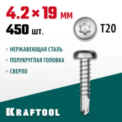 KRAFTOOL DS-P, 19 х 4.2 мм, А2, сверло, полукруглая головка, ТХ20, 450 шт, саморез нержавеющий (300931-42-019)