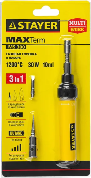 STAYER MS 300, 40 Вт, 1200°С в наборе: 4 в 1, горелка, фен, 2 жала, газовый паяльник (55506-H4)