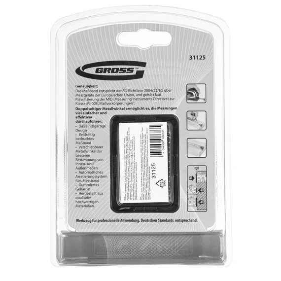 Рулетка "Doppelhaken",8 м x 25 мм,двухсторонний зацеп,Нейлон,двусторонняя шкала,автоматическая фиксация Gross