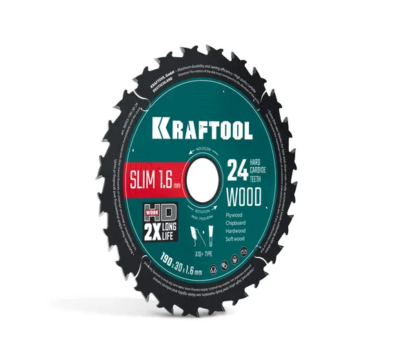KRAFTOOL Slim wood cut 190 х 30 x 1.6 мм, 24Т, диск пильный по дереву, (36955-190-30-24)