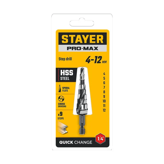STAYER Pro-Max 4-12мм, 9 ступеней, винтовая спираль, сверло ступенчатое (29661-4-12-9)