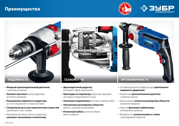 Ударная дрель с металлическим корпусом, ЗУБР 850 Вт, 13 мм, 2 скорости, кейс, Профессионал (ДУ-П850 ЭРМ)