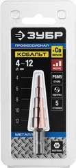 ЗУБР Кобальт, 4-12 мм, 5 ступеней, сталь Р6М5, кобальтовое покрытие, ступенчатое сверло, Профессионал (29672-4-12-5)