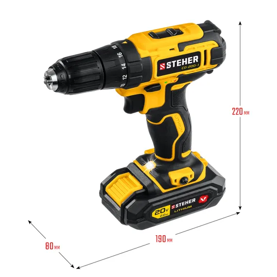 Дрель-шуруповерт, STEHER V1, 20 В, 40 Н·м, 1 АКБ (2 А·ч), кейс (CD-200-1)