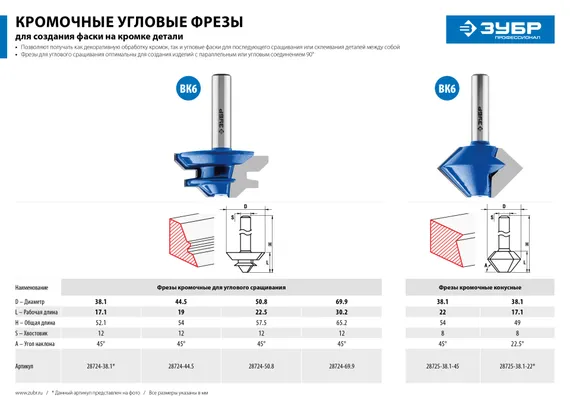 ЗУБР 38.1 x 22 мм, фреза кромочная конусная, Профессионал (28725-38.1-45)