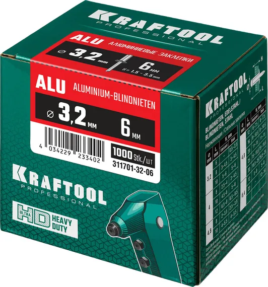 KRAFTOOL Alu (Al5052), 3.2 x 6 мм, 1000 шт, алюминиевые заклепки (311701-32-06)
