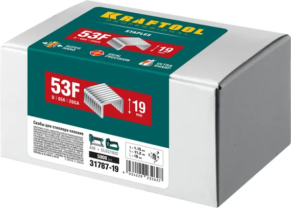 KRAFTOOL скобы тип 53F (D/056), 19 мм, калибр 23GA. 5000 шт (31787-19)