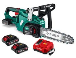 ЗУБР 40 В, (2x20В), 300 мм шина, 2 АКБ LMS (2 Ач), пила цепная аккумуляторная (ПЦБ-4030-22)