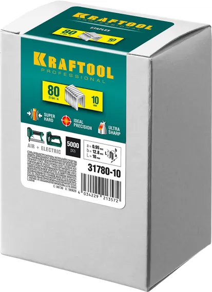 KRAFTOOL скобы тип 80 (BeA/Prebena A/Senco AT), 10 мм, калибр 21GA. 5000 шт (31780-10)