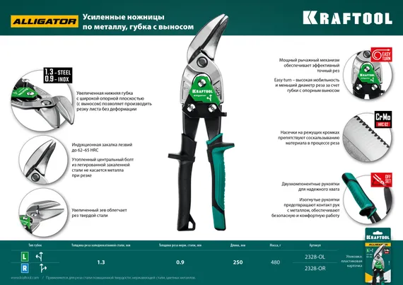 KRAFTOOL Alligator, 250 мм, левые усиленные ножницы по металлу с выносом (2328-OL)