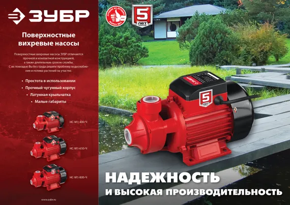 Поверхностный вихревой насос ЗУБР 650 Вт корпус из чугуна (НС-М1-650-Ч)