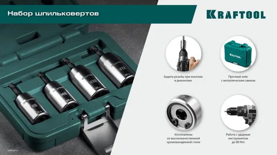 KRAFTOOL STUD DRIVER, 4 шт, М6, М8, М10, М12, набор ударных шпильковертов (26199)