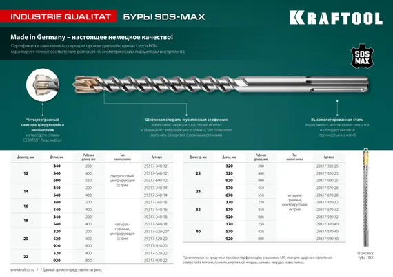 KRAFTOOL Industrie Qualit, 12 x 400/540 мм, SDS-max бур (29317-540-12)