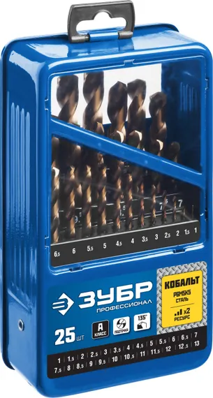 ЗУБР Кобальт, 25 шт, (1-13 мм), сталь Р6М5К5, класс А, мет.бокс, набор сверл по металлу, Профессионал (29626-H25)