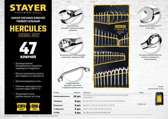 STAYER HERCULES, 47 шт, 6 - 32 мм, набор гаечных ключей универсальный, Professional (27082-H47)
