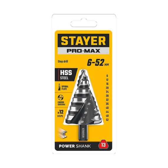 STAYER Pro-Max 6-52мм, 12 ступеней, винтовая спираль, сверло ступенчатое (29661-6-52-12)