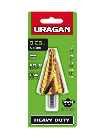 URAGAN 9-36мм, 10 ступеней, винтовая спираль, сверло ступенчатое (29658-9-36-10)
