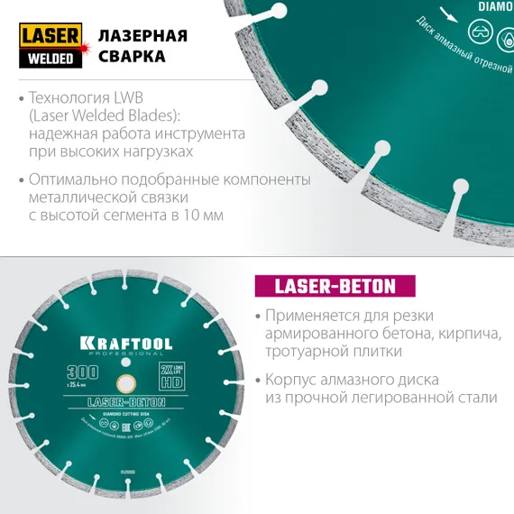 KRAFTOOL LASER-BETON 300 мм (25.4/20 мм, 10х3.2 мм ), алмазный диск (36686-300)