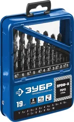 ЗУБР ПРОФ-А, 19 шт, (1-10 мм), сталь Р6М5, класс А, мет.бокс, набор сверл по металлу, Профессионал (29625-H19)