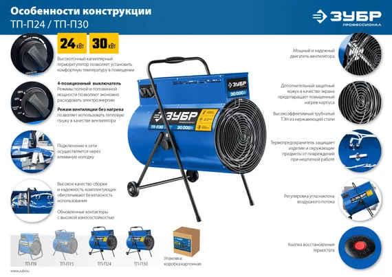 ЗУБР 30 кВт, электрическая тепловая пушка, Профессионал (ТП-П30)