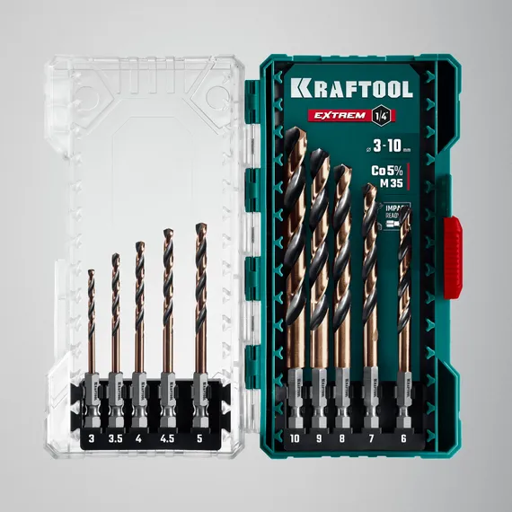 KRAFTOOL НЕХ-1/4″, 10 шт, набор сверл по металлу для винтовёртов и шуруповертов IMPACT READY (29652-H10)
