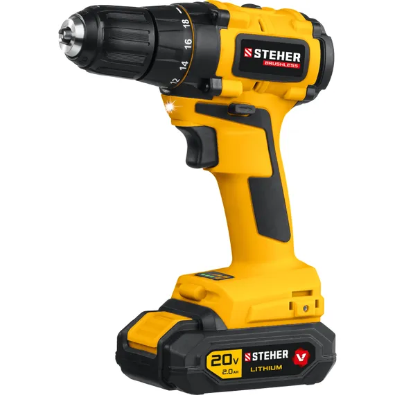Бесщеточная дрель-шуруповерт, STEHER V1, 20 В, 45 Н·м, 1 АКБ (2 А·ч), кейс (CDB-200-1)