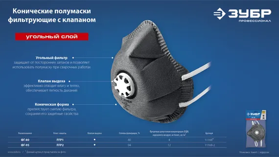 ЗУБР ФГ-95 коническая с угольным слоем, класс защиты FFP2, с клапаном выдоха, фильтрующая полумаска (11168-2)