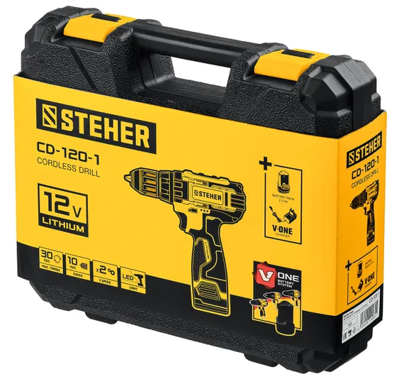 Дрель-шуруповерт STEHER, 12 В, 30 Н·м, 1 АКБ (2 А·ч), , кейс (CD-120-1)