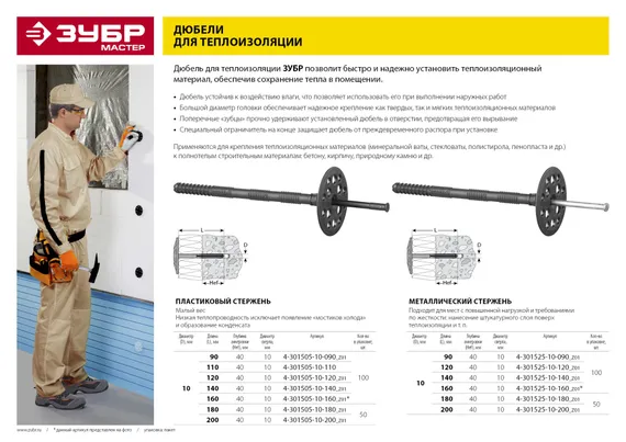ЗУБР 10 х 120 мм, пластиковый стержень, 100 шт, дюбель для изоляционных материалов (4-301505-10-120)