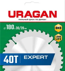 URAGAN Expert, 180 х 30/20 мм, 40Т, пильный диск по дереву (36802-180-30-40)