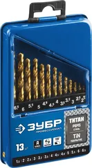 ЗУБР ТИТАН, 13 шт, (1.5-6.5 мм), сталь Р6М5, класс А, титановое покрытие, набор сверл по металлу, Профессионал (29615-H13)