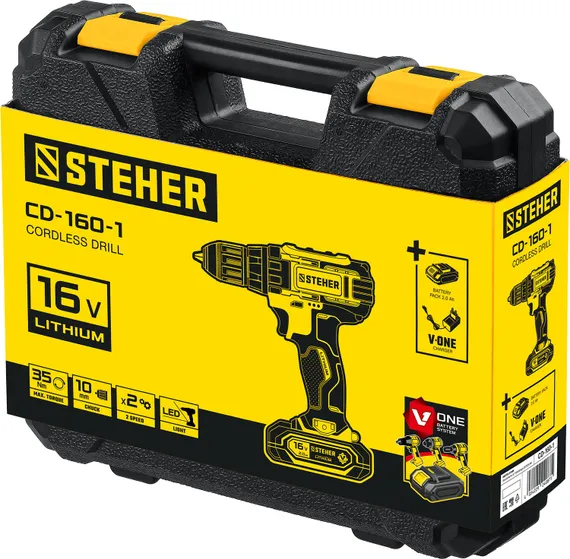 Дрель-шуруповерт, STEHER 16 В, 35 Н·м, 1 АКБ (2 А·ч), кейс (CD-160-1)