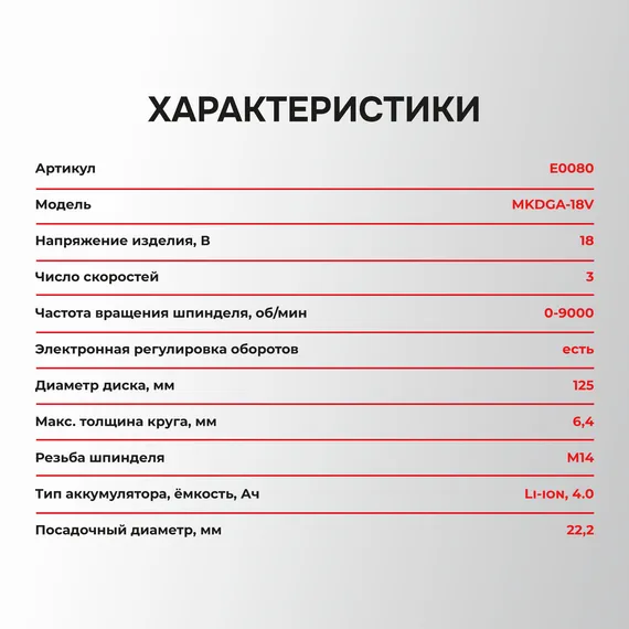 Аккумуляторная бесщёточная угловая шлифмашина PROFIPOWER MK DGA-20V E0080