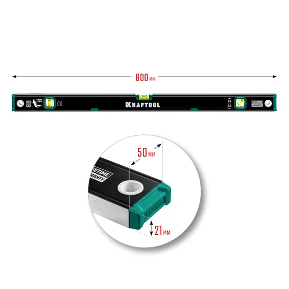 KRAFTOOL 800 мм, усиленный профиль, с зеркальным глазком, магнитный уровень (34785-80)