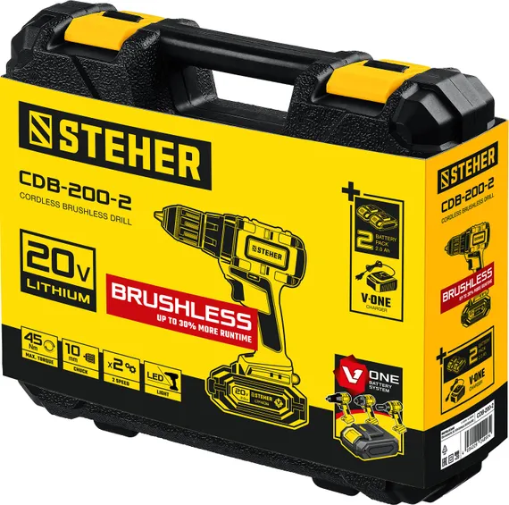 Бесщеточная дрель-шуруповерт, STEHER V1, 20 В, 45 Н·м, 2 АКБ (2 А·ч), кейс (CDB-200-2)