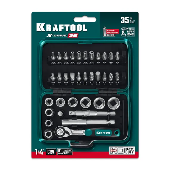 KRAFTOOL X-Drive 35, 35 предм., универсальный набор инструмента 1/4″ (27974)