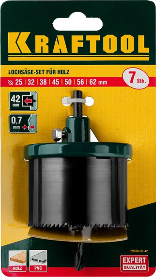 KRAFTOOL 7 шт, (25-32-38-45-50-56-62 х 42 мм), наборная кольцевая пила по дереву (29580-H7-42)