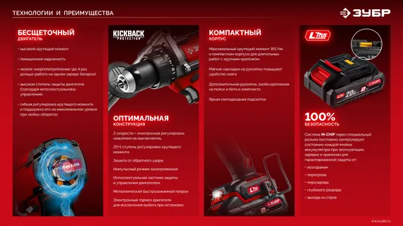 Бесщеточная ударная дрель-шуруповерт, ЗУБР 20 В, 165 Н·м, 2 АКБ LMS (2 А·ч), сумка (ДБУ-165-22)