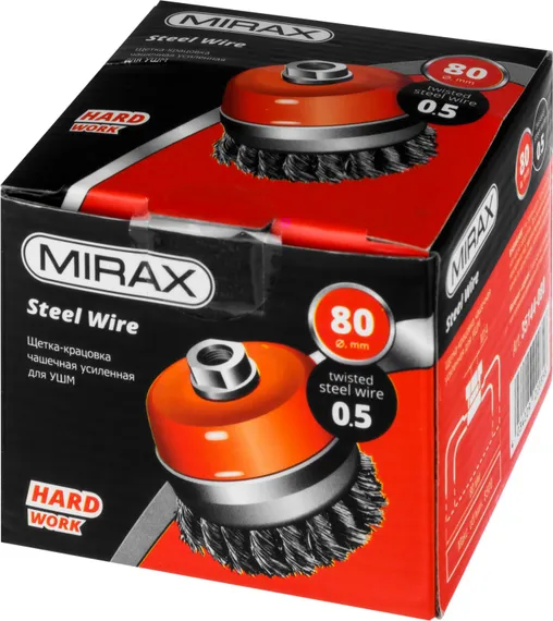MIRAX 80 мм, жгутированная стальная проволока 0.5 мм, чашечная щетка-крацовка для УШМ (35144-080)