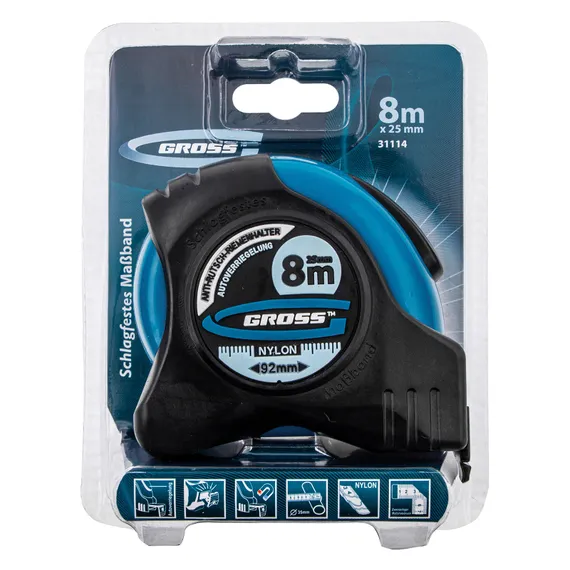Рулетка "Schlagfest",8 м x 25 мм,магнитный обрезиненный зацеп,двусторонняя шкала,Нейлоновое покрытие,автоматическая фиксация Gross
