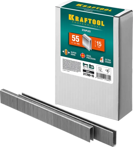 KRAFTOOL скобы тип 55 (90/C), 15 мм, калибр 18GA. 5000 шт (31789-15)