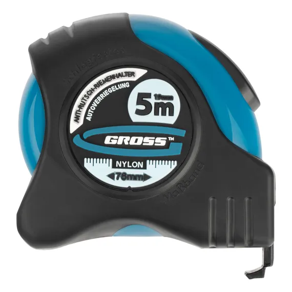 Рулетка "Schlagfest",5 м x 19 мм,магнитный обрезиненный зацеп,двусторонняя шкала,Нейлоновое покрытие,автоматическая фиксация Gross