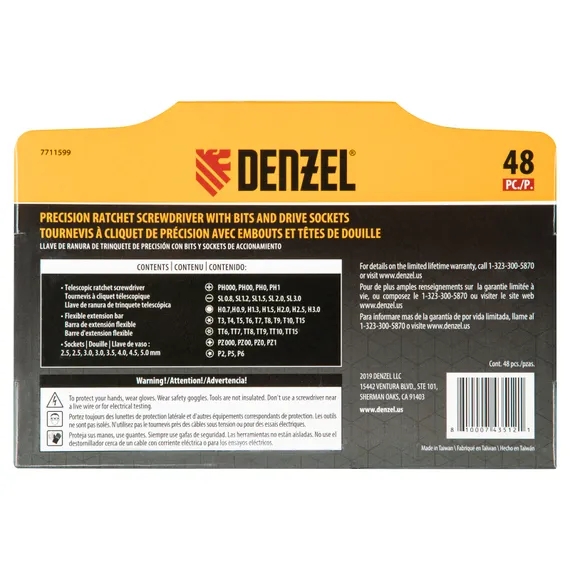 Отвертка с набором бит и торцевых головок для точных работ, гибкий привод, 48 шт, CrMo Denzel