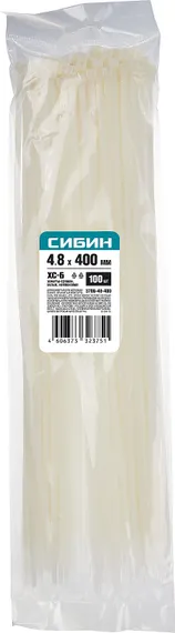 СИБИН ХС-Б, 4.8 x 400 мм, нейлон РА66, 100 шт, белые, хомуты-стяжки (3786-48-400)